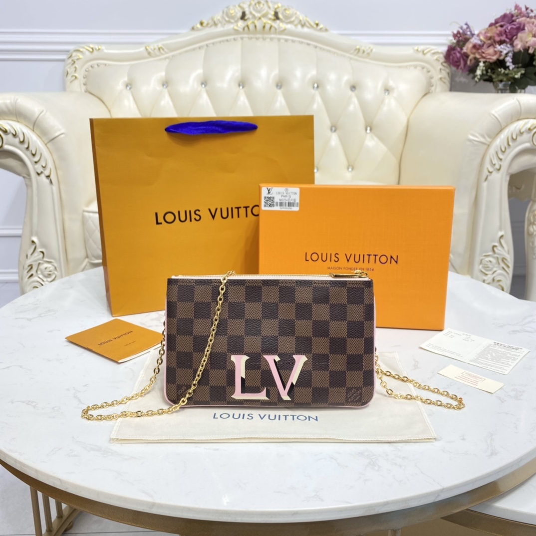 Louis Vuitton DOUBLE ZIP POCHETTE Handbag Damier Ebene N60254 